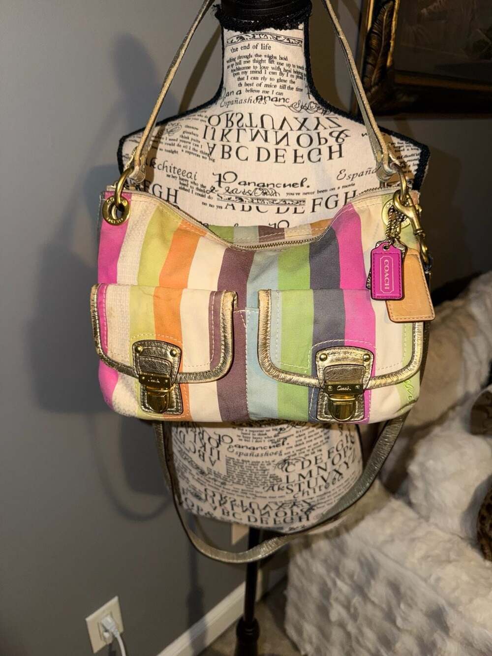 Y2K Coach Legacy Stripe Multicolor Hobo Shoulder Bag with Metallic Gold Trim